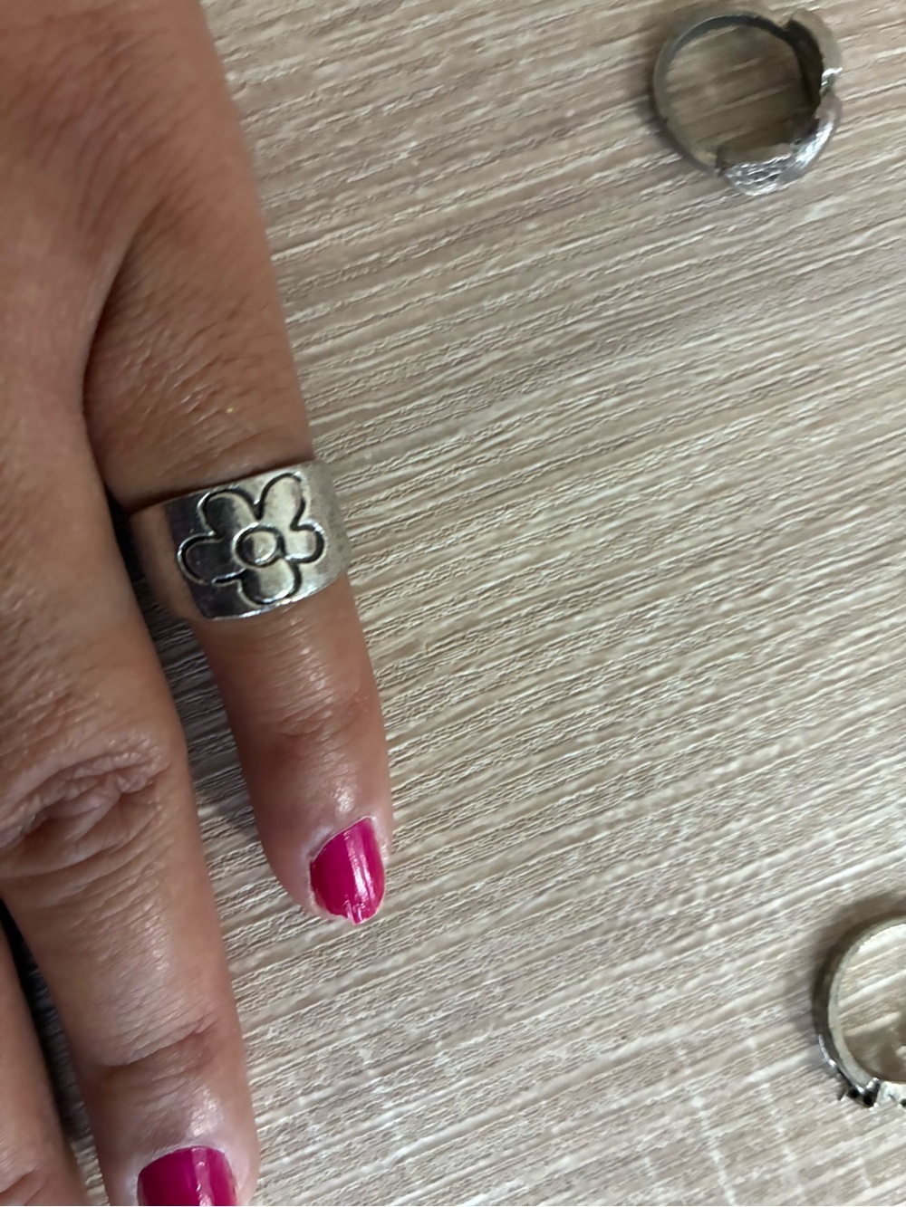 Silver Floral Wide Band Ring - Pink Accent